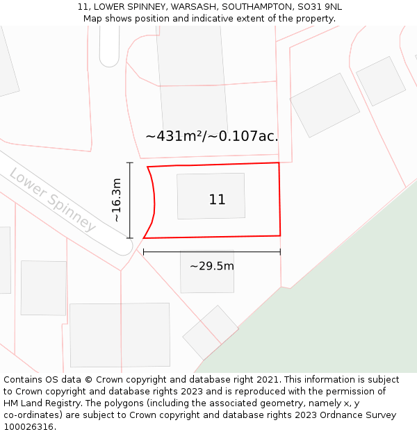 11, LOWER SPINNEY, WARSASH, SOUTHAMPTON, SO31 9NL: Plot and title map