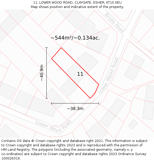 11, LOWER WOOD ROAD, CLAYGATE, ESHER, KT10 0EU: Plot and title map