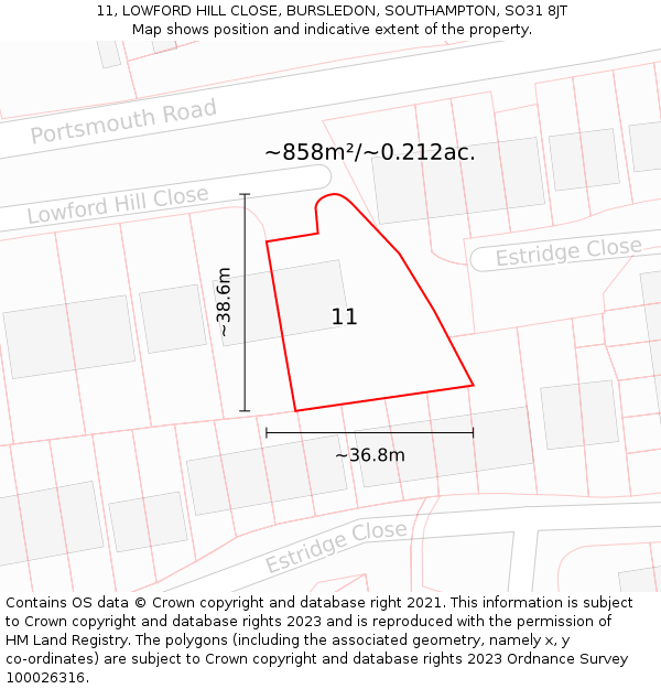 11, LOWFORD HILL CLOSE, BURSLEDON, SOUTHAMPTON, SO31 8JT: Plot and title map
