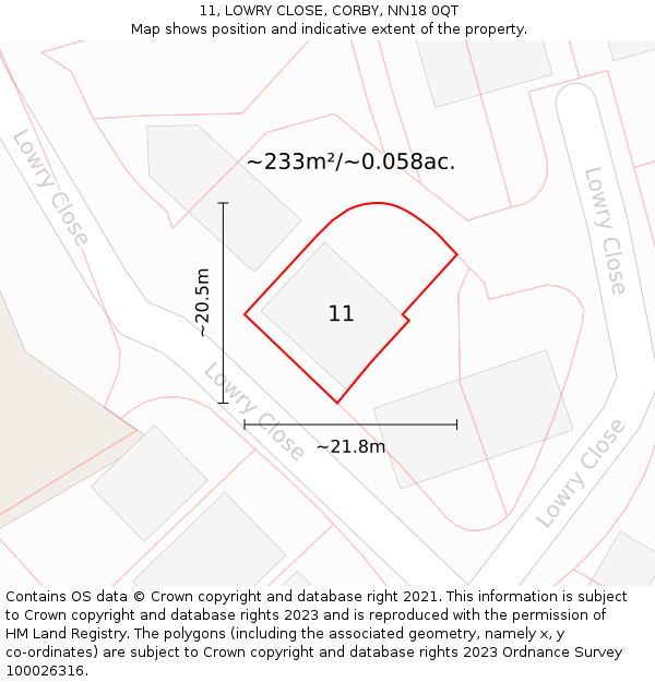 11, LOWRY CLOSE, CORBY, NN18 0QT: Plot and title map
