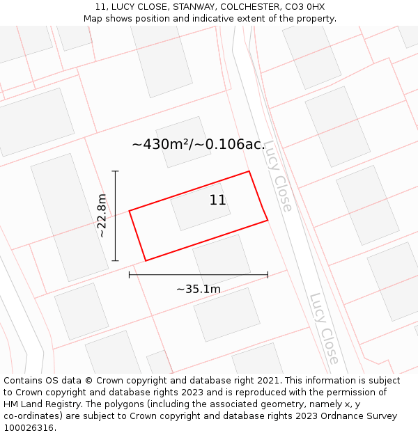 11, LUCY CLOSE, STANWAY, COLCHESTER, CO3 0HX: Plot and title map