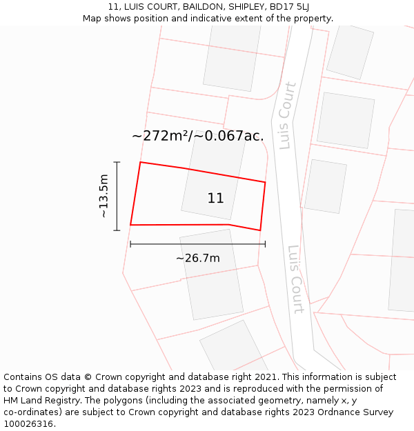 11, LUIS COURT, BAILDON, SHIPLEY, BD17 5LJ: Plot and title map