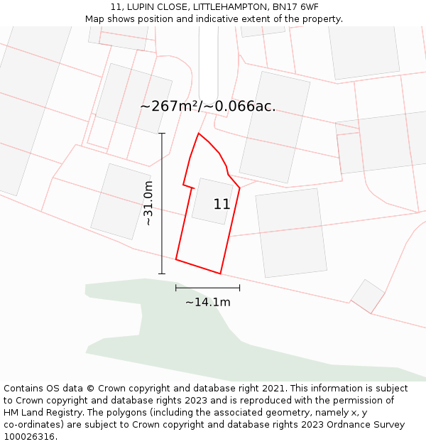 11, LUPIN CLOSE, LITTLEHAMPTON, BN17 6WF: Plot and title map