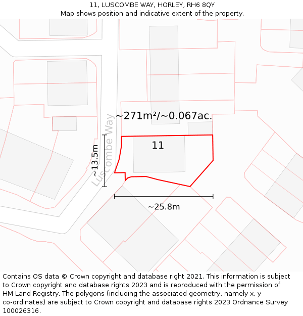 11, LUSCOMBE WAY, HORLEY, RH6 8QY: Plot and title map