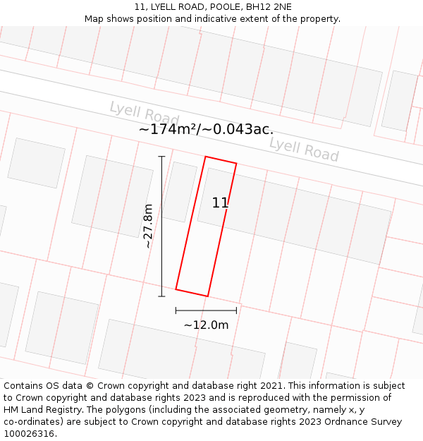 11, LYELL ROAD, POOLE, BH12 2NE: Plot and title map