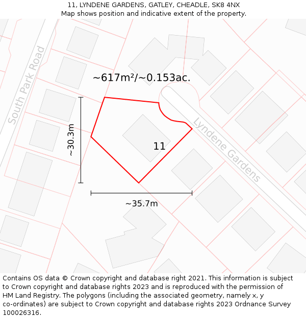 11, LYNDENE GARDENS, GATLEY, CHEADLE, SK8 4NX: Plot and title map