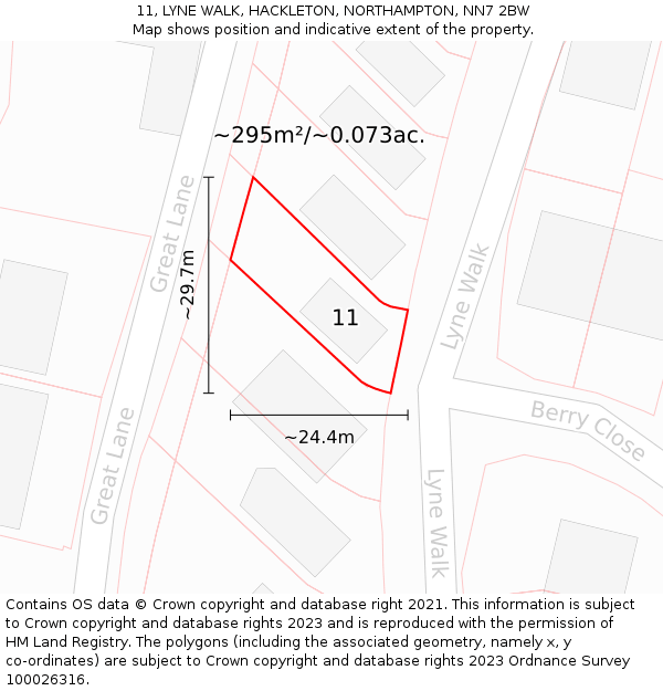 11, LYNE WALK, HACKLETON, NORTHAMPTON, NN7 2BW: Plot and title map