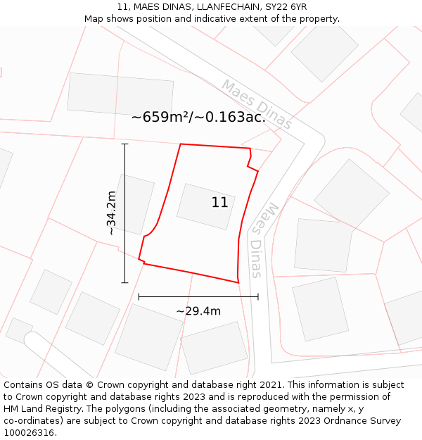 11, MAES DINAS, LLANFECHAIN, SY22 6YR: Plot and title map