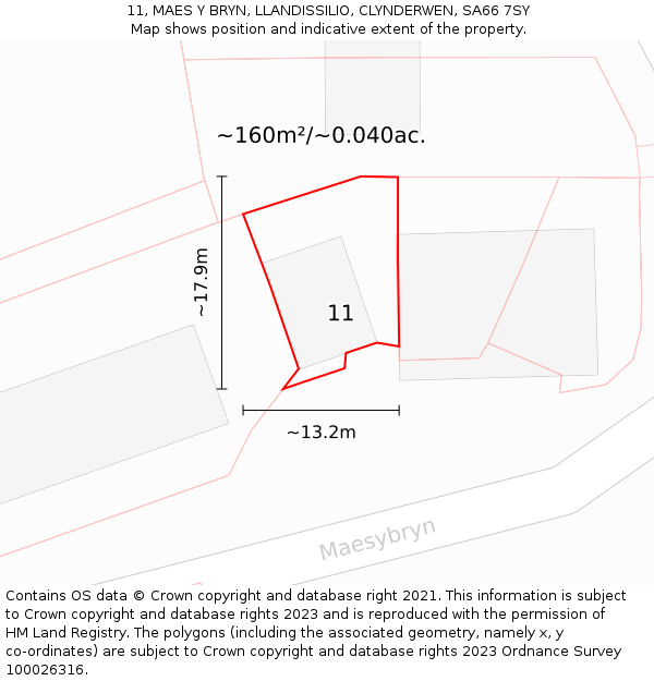 11, MAES Y BRYN, LLANDISSILIO, CLYNDERWEN, SA66 7SY: Plot and title map