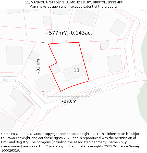 11, MAGNOLIA GARDENS, ALMONDSBURY, BRISTOL, BS32 4FT: Plot and title map