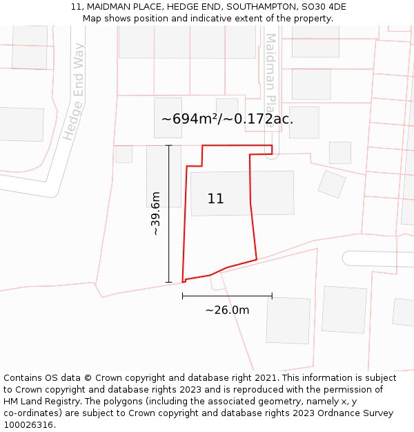 11, MAIDMAN PLACE, HEDGE END, SOUTHAMPTON, SO30 4DE: Plot and title map