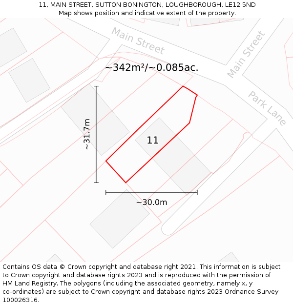 11, MAIN STREET, SUTTON BONINGTON, LOUGHBOROUGH, LE12 5ND: Plot and title map