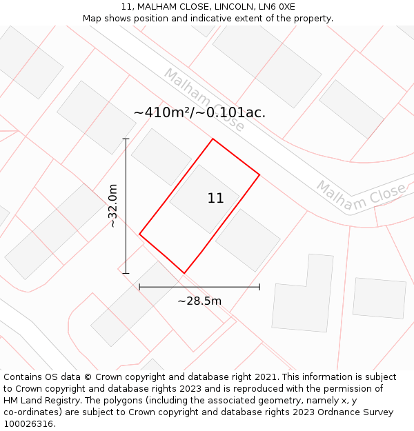 11, MALHAM CLOSE, LINCOLN, LN6 0XE: Plot and title map