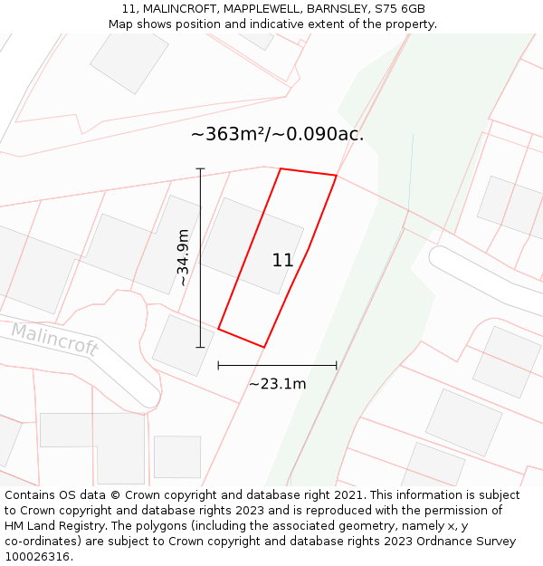 11, MALINCROFT, MAPPLEWELL, BARNSLEY, S75 6GB: Plot and title map