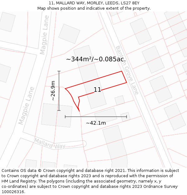 11, MALLARD WAY, MORLEY, LEEDS, LS27 8EY: Plot and title map