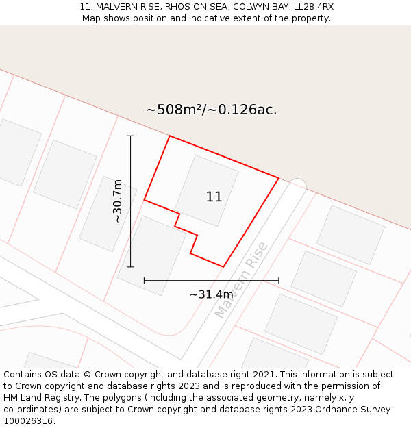11, MALVERN RISE, RHOS ON SEA, COLWYN BAY, LL28 4RX: Plot and title map
