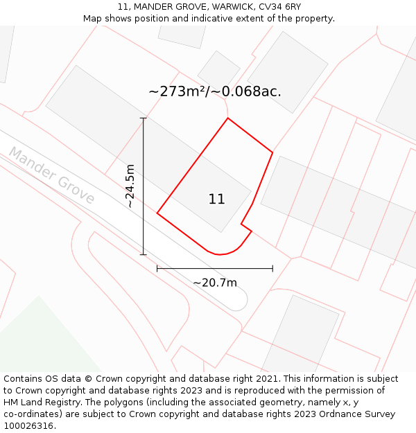 11, MANDER GROVE, WARWICK, CV34 6RY: Plot and title map