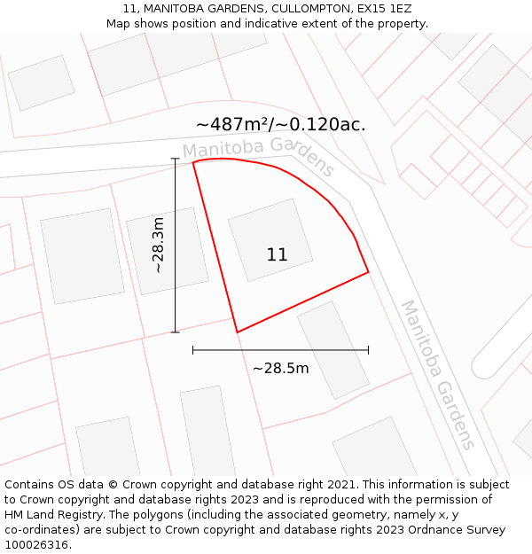 11, MANITOBA GARDENS, CULLOMPTON, EX15 1EZ: Plot and title map