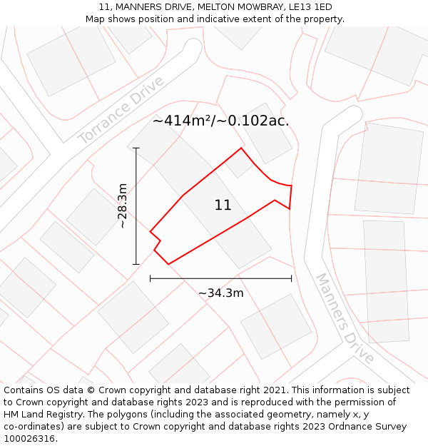11, MANNERS DRIVE, MELTON MOWBRAY, LE13 1ED: Plot and title map