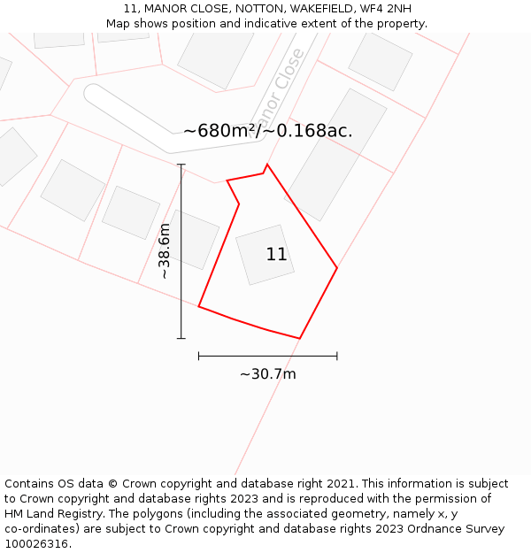11, MANOR CLOSE, NOTTON, WAKEFIELD, WF4 2NH: Plot and title map