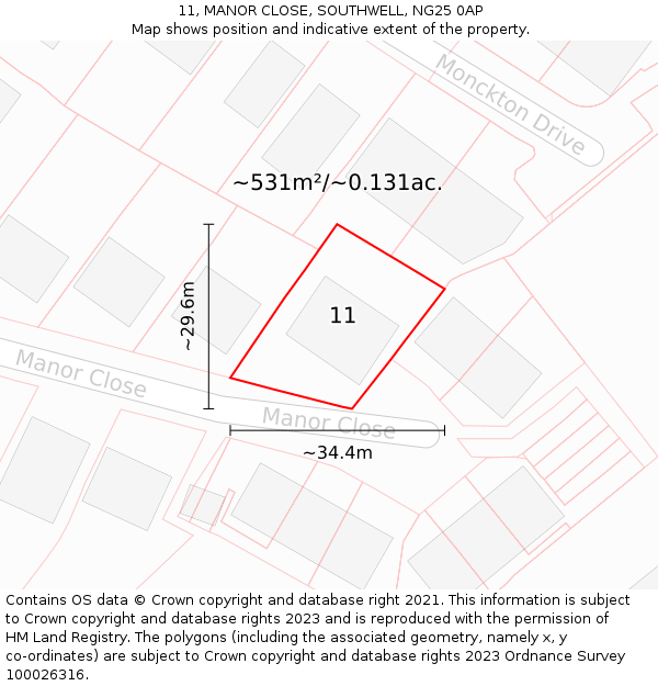 11, MANOR CLOSE, SOUTHWELL, NG25 0AP: Plot and title map