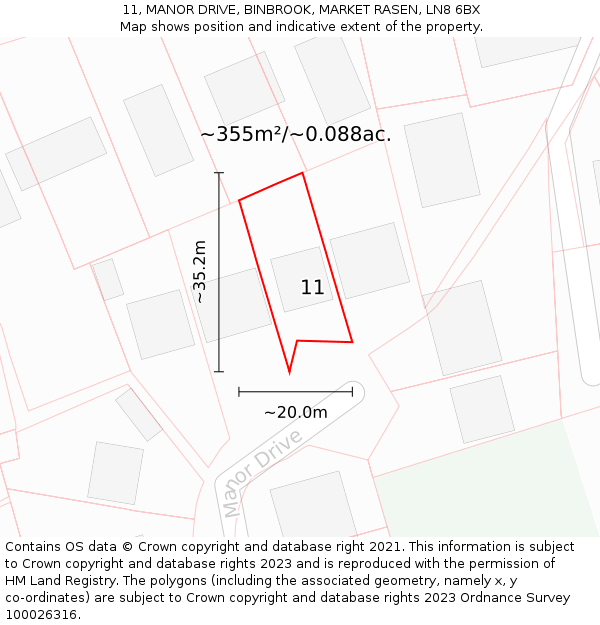 11, MANOR DRIVE, BINBROOK, MARKET RASEN, LN8 6BX: Plot and title map