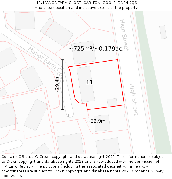11, MANOR FARM CLOSE, CARLTON, GOOLE, DN14 9QS: Plot and title map