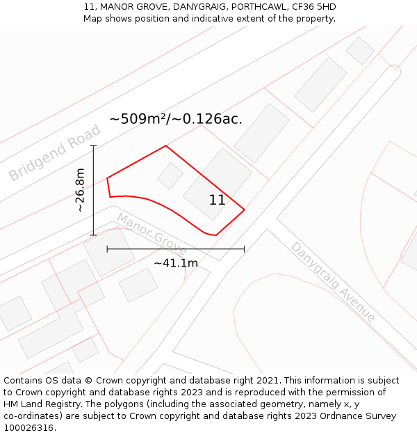 11, MANOR GROVE, DANYGRAIG, PORTHCAWL, CF36 5HD: Plot and title map