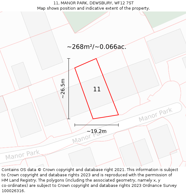 11, MANOR PARK, DEWSBURY, WF12 7ST: Plot and title map