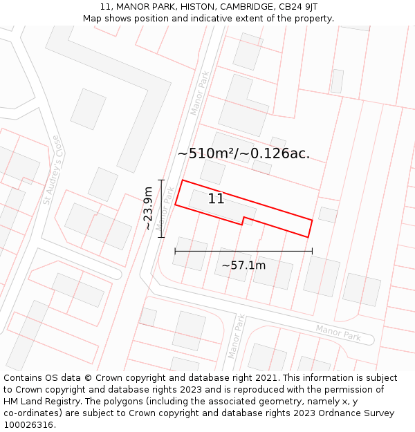11, MANOR PARK, HISTON, CAMBRIDGE, CB24 9JT: Plot and title map