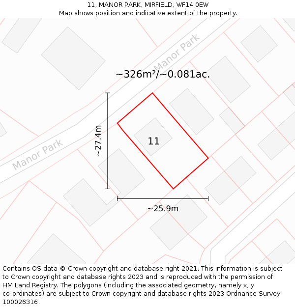 11, MANOR PARK, MIRFIELD, WF14 0EW: Plot and title map
