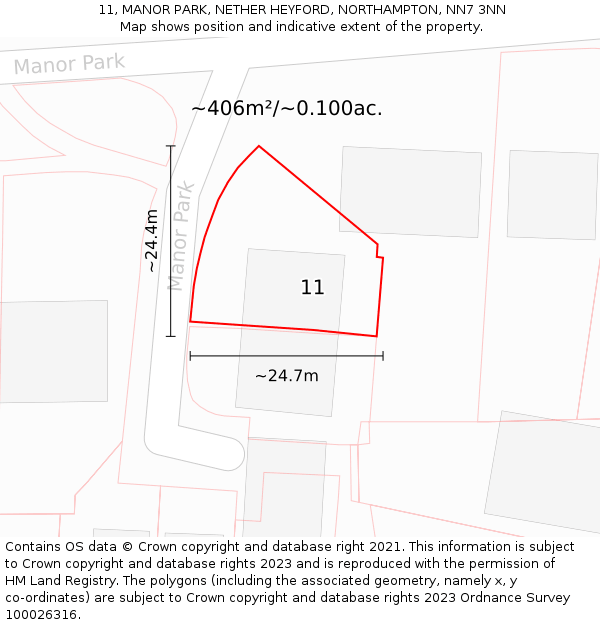 11, MANOR PARK, NETHER HEYFORD, NORTHAMPTON, NN7 3NN: Plot and title map