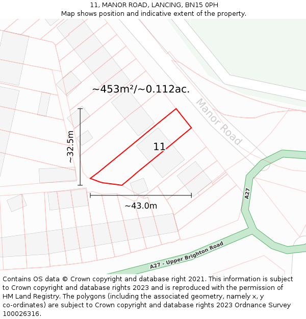 11, MANOR ROAD, LANCING, BN15 0PH: Plot and title map