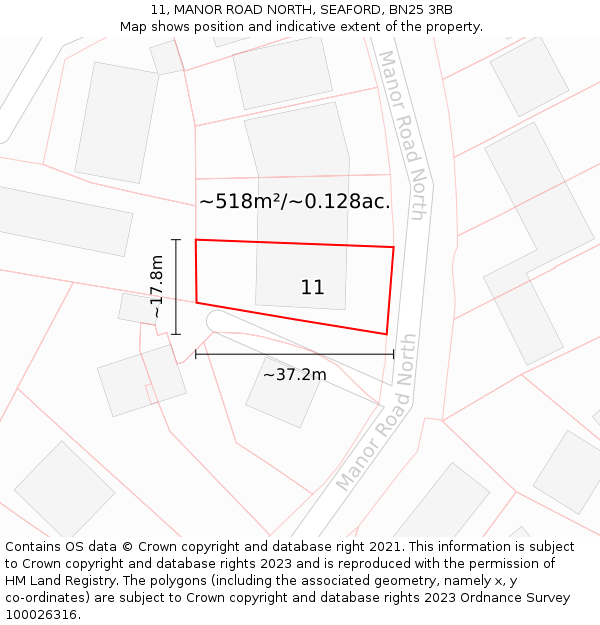 11, MANOR ROAD NORTH, SEAFORD, BN25 3RB: Plot and title map