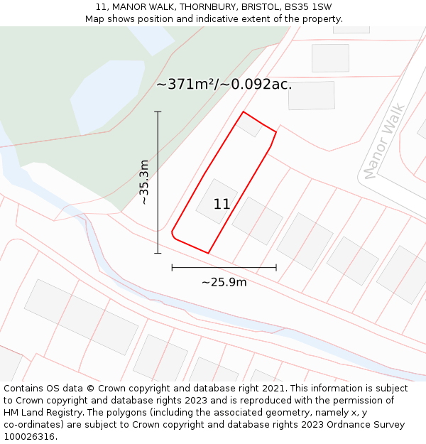 11, MANOR WALK, THORNBURY, BRISTOL, BS35 1SW: Plot and title map