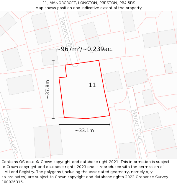 11, MANORCROFT, LONGTON, PRESTON, PR4 5BS: Plot and title map