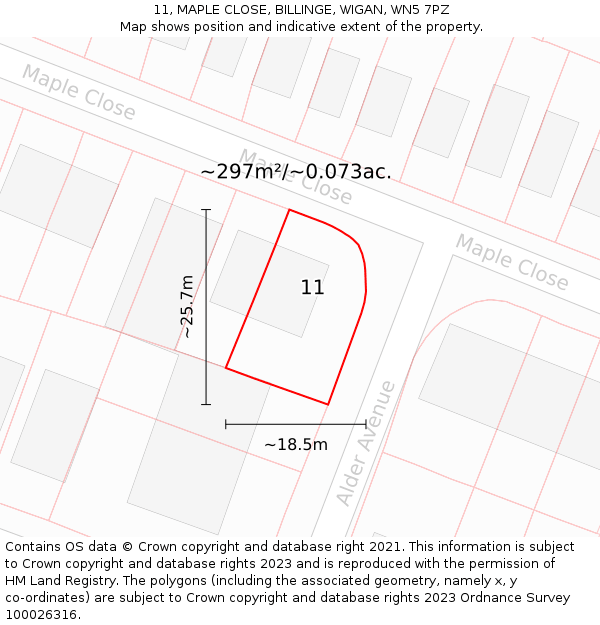 11, MAPLE CLOSE, BILLINGE, WIGAN, WN5 7PZ: Plot and title map