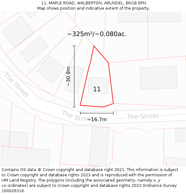 11, MAPLE ROAD, WALBERTON, ARUNDEL, BN18 0PN: Plot and title map