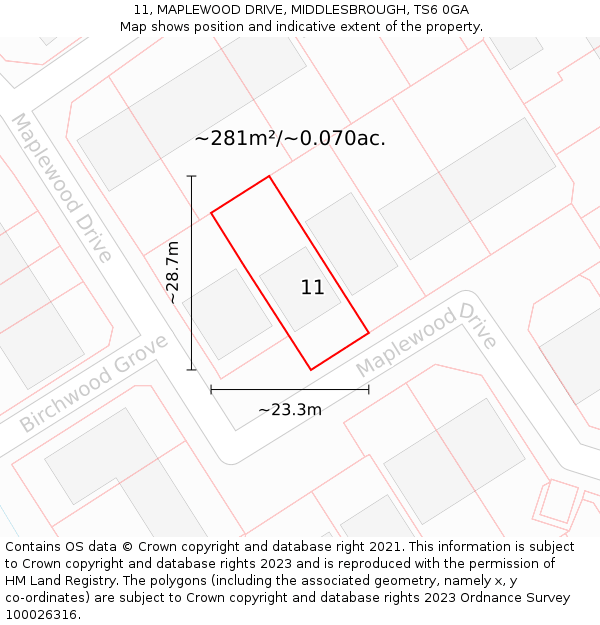 11, MAPLEWOOD DRIVE, MIDDLESBROUGH, TS6 0GA: Plot and title map