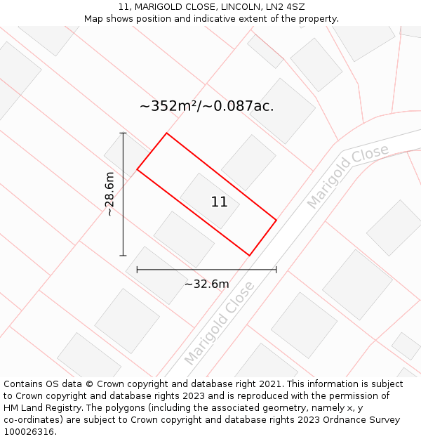 11, MARIGOLD CLOSE, LINCOLN, LN2 4SZ: Plot and title map