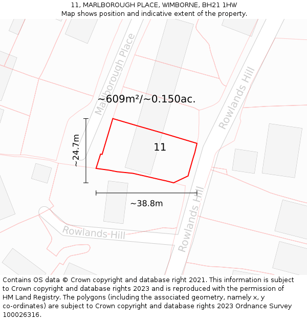 11, MARLBOROUGH PLACE, WIMBORNE, BH21 1HW: Plot and title map
