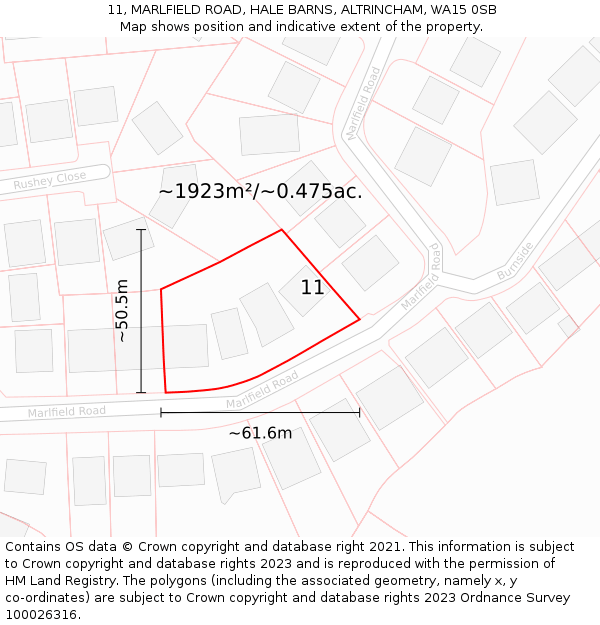 11, MARLFIELD ROAD, HALE BARNS, ALTRINCHAM, WA15 0SB: Plot and title map