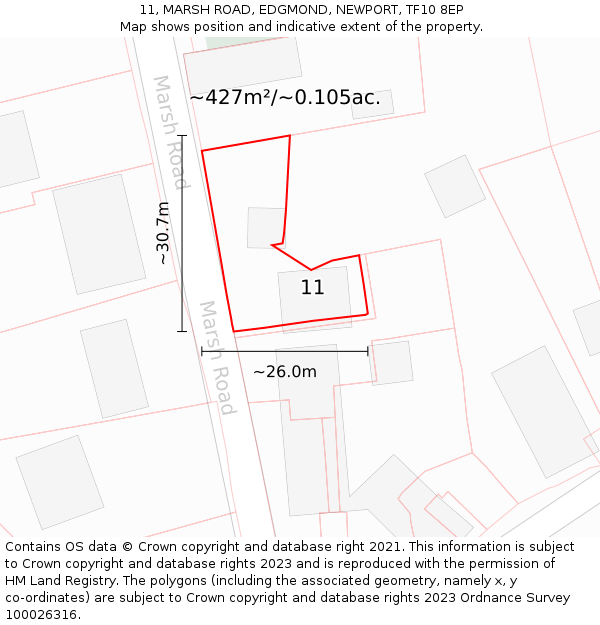 11, MARSH ROAD, EDGMOND, NEWPORT, TF10 8EP: Plot and title map