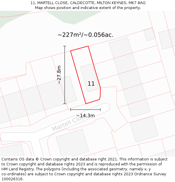11, MARTELL CLOSE, CALDECOTTE, MILTON KEYNES, MK7 8AG: Plot and title map