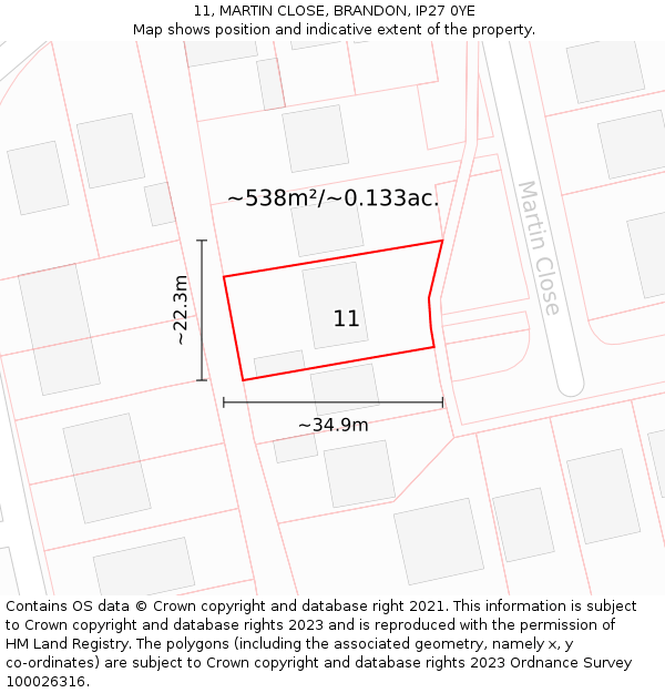 11, MARTIN CLOSE, BRANDON, IP27 0YE: Plot and title map
