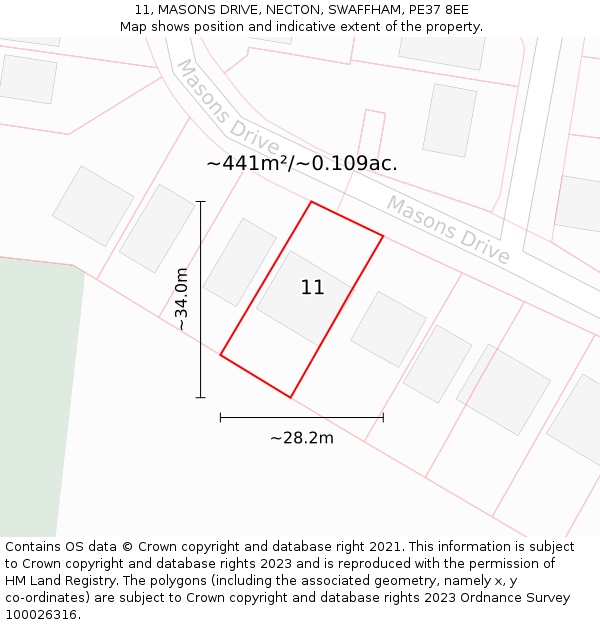 11, MASONS DRIVE, NECTON, SWAFFHAM, PE37 8EE: Plot and title map