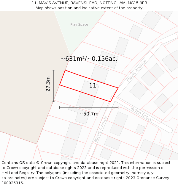 11, MAVIS AVENUE, RAVENSHEAD, NOTTINGHAM, NG15 9EB: Plot and title map