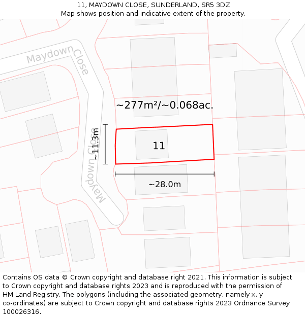 11, MAYDOWN CLOSE, SUNDERLAND, SR5 3DZ: Plot and title map