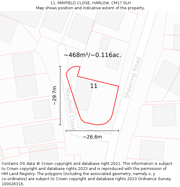11, MAYFIELD CLOSE, HARLOW, CM17 0LH: Plot and title map