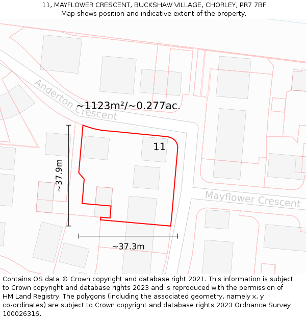 11, MAYFLOWER CRESCENT, BUCKSHAW VILLAGE, CHORLEY, PR7 7BF: Plot and title map